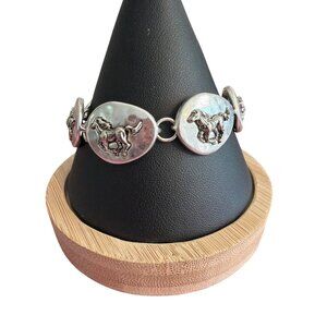 Trotting Horse Silver Tone Link Bracelet Hammered Equestrian 7.5" Running 33.83g